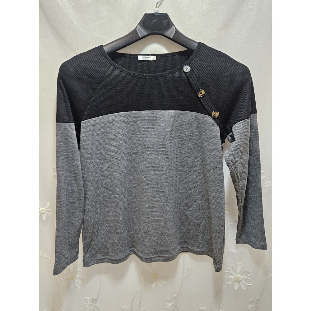 Zeagoo Womens Large Black Gray Sweater Color Block Ribbed Lightweight Casual